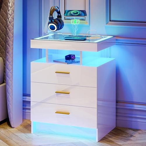 Gurexl Nachttisch Schlafzimmer,Side Table mit Kabellosem Laden und Sensoren,Schubladenschran k mit 24-Farbigen RGB-Lichtern,Hochglanz Nachttisch mit Glasplatte,3 Schubladen 1 Offenes Fach,Weiß