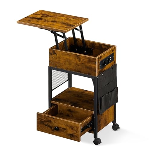 CLIPOP Nachttisch höhenverstellbar, Beistelltisch mit Ladestation, Nachtschrank mit 2 AC-Anschlüssen, 2 USB-Anschlüssen, Sofatisch aus Holz für kleine Räume Wohnzimmer Schlafzimmer, Vintagebraun