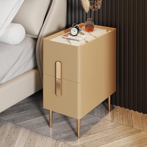 MGHRUEWH Schmaler Nachttisch Mit 2 Schubladen, Nachttisch Aus Pu-Leder, Moderner Minimalistischer Beistelltisch Mit Metallbeinen, Nachttischschrank Für Enge Räume in Schlafzimmern,Beige,25cm