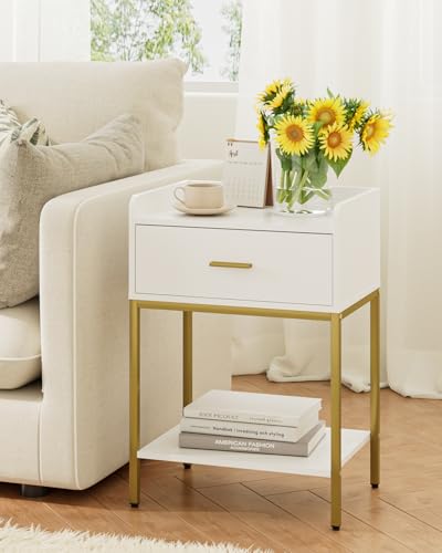 HEYZOEY Nachttisch weiß, 3-Tier Nachttisch modern Kleiner Nachtschrank Beistelltisch mit schublade und Regal für Schlafzimmer, Wohnzimmer, weiß mit Goldbein (Modern)