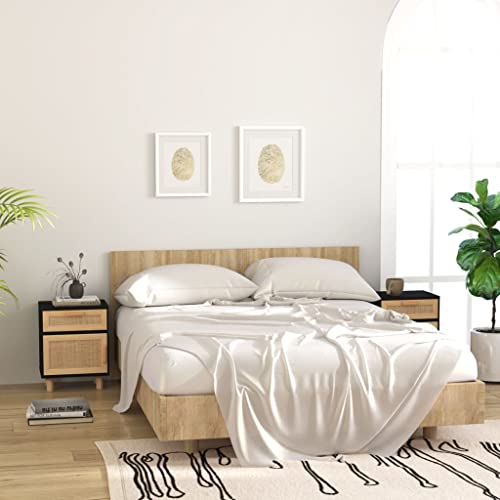 Snsowed Nachttische 2 STK. Schwarz Massivholz Kiefer und Natur-Rattan, Nachtschrank, Nachtkästchen, Bedside Table, Nachtkommode, Nightstand, Nachttischschrank, Nachtkonsole