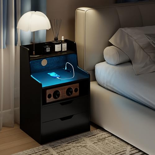 GIANTEX Nachttisch mit Beleuchtung und Ladefunktion, Nachtschrank mit 2 Schubladen & offenen Fächern, Nachtkästchen Boxspringbett, Nachtkommode Holz, Beistelltisch Sofatisch 45 x 35 x 72,5 cm, Schwarz