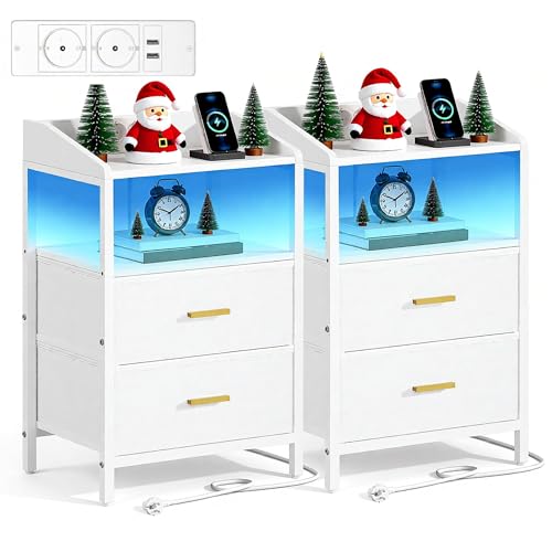 Hzuaneri Nachttisch 2er Set, mit LED-Leuchten und ladefunktion, Beistelltisch mit 2 Stoff-Schubladen mit USB-Anschlüssen & Steckdosen, für Schlafzimmer, Wohnzimmer, Weiß NS36213W