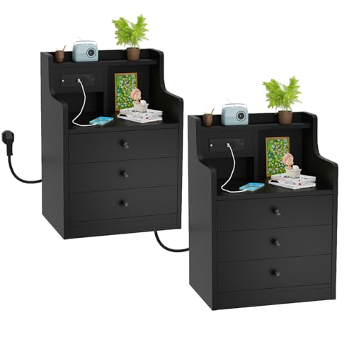 HaodaCulture Nachttisch 2er Set, Nachtschrank Schwarz mit 3 Schubladen, Nachttisch mit Beleuchtung, 2 AC Steckdosen, 2 USB Anschlüsse, Beistelltisch für Schlafzimmer 45x35x68cm
