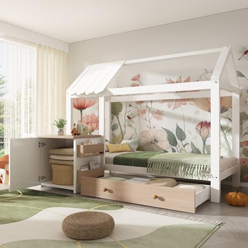 Kinderbett Hausbett 90x200, Holzbett Schublade & abnehmbarem, Bett Lattenrost & Stauraum, Jugendbett Funktionsbett Bettgestell Baumhausbett, Massivholz, Ohne Matratze, Weiß Eiche
