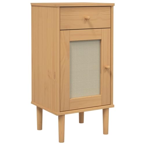 Nachttisch Nachtschrank Nachtkästchen Nachtkommode Schlafzimmer Wohnzimmer Beistelltisch Sofatisch Bedside Table, SENJA Rattan-Look Braun 40x35x80cm Massivholz Kiefer