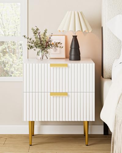 Apetaccat Nachttisch Weiß, Holz Nachtschrank, Nachtkommode mit 2 Schublade und Goldene Beine, 50x40x60cm, Nachtkästchen Möbel für Schlafzimmer, Wohnzimmer
