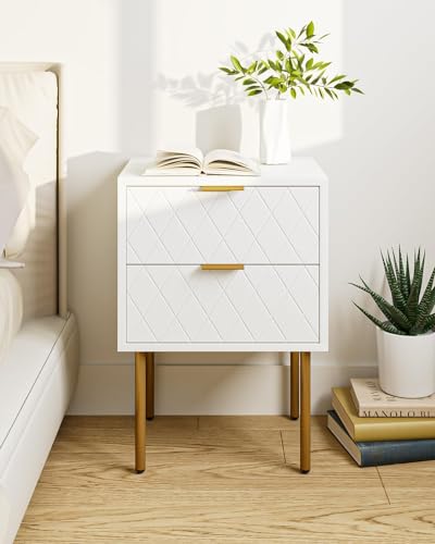 HEYZOEY Nachttisch, Nachtschrank mit 2 Schubladen, Modern Nachtkästchen, Boho Nachtkommode für Schlafzimmer, Wohnzimmer, Weiß und Gold