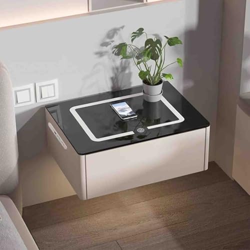 Nachttisch zur Wandmontage mit Schublade, modernes Design mit Ladestation und LED-Licht für Schlafzimmer