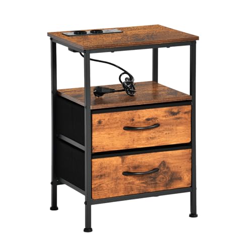 EGGREE 1er Set Nachttisch mit Ladestation mit Stoffschubladen und Ablage für Schlafzimmer, kleine Räume, Hotel und Apartment Nachtkästchen mit USB-Anschlüssen und Steckdosen - Vintagebraun