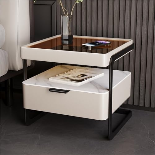 Nachttisch mit Tischplatte aus gehärtetem Glas, Nachttisch mit offenem Stauraum und Schubladen, minimalistischer Nachttisch, Kleiner Lagerschrank, Wohnzimmerregal (hellgrau)
