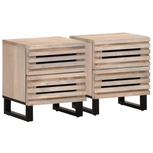 Nachttische 2er Set, Night Stand Nachtschrank Schlichter Beistelltisch Kommode für Schlafzimmer Wohnzimmer, 40x34x46 cm Gebleichtes Massivholz Mango