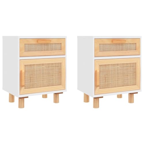 vidaXL 2X Nachttisch 1 Schublade 1 Fach Nachtschrank Nachtkonsole Nachtkommode Schlafzimmer Schrank Kommode Weiß Massivholz Kiefer Natur-Rattan