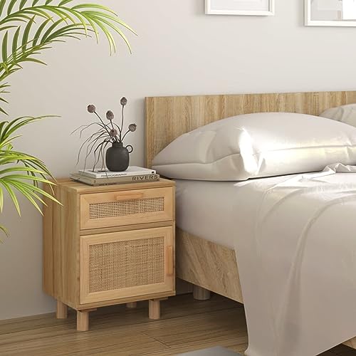 CIADAZ Nachttisch Braun Massivholz Kiefer und Natur-Rattan, Nachtschrank, Nachtkästchen, Bedside Table, Nachtkommode, Nightstand, Nachttischschrank, Nachtkonsole