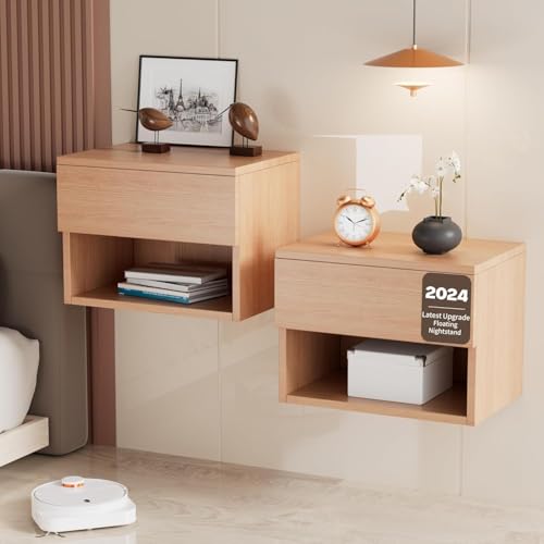 Kiseely Schwebender Nachttisch, moderner Nachttisch zur Wandmontage mit Schublade, Nachttisch aus Holz & Schreibtisch, Beistelltisch Holz, moderner Nachttisch für Schlafzimmer (Buche TC2, 2 Stück)