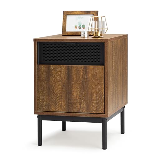 Mondeer Nachttisch, Beistelltisch mit Tür und Metallbeinen, Herausnehmbare Trennwände, für Schlafzimmer Wohnzimmer Flur Büro, 37 x 40 x 53 cm, Vintage Braunschwarz