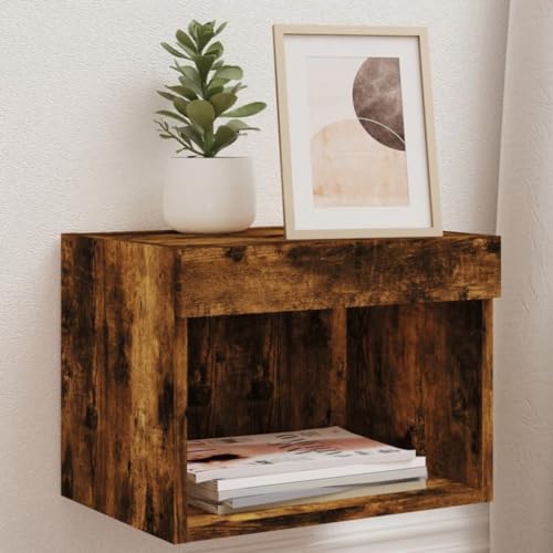Snsowed Wand-Nachttisch mit Leuchten Räuchereiche, Nachtschrank, Nachtkästchen, Bedside Table, Nachtkommode, Nightstand, Nachttischschrank, Nachtkonsole - 837121
