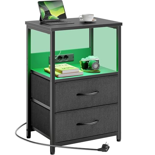Rolanstar Beistelltisch mit LED-Beleuchtung, Nachttisch mit 2 Schubladen, USB-Anschluss & versteckter Steckdose, Sofatisch für Schlafzimmer und Wohnzimmer, Schwarz