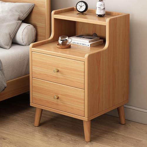 HJYBFA Mid Century Modern Nachttisch mit Schubladen und offenem Holzregal, Vintage Schlafzimmer, Wohnheim, Wohnzimmer