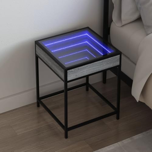 QUAHEAS Nachttisch mit Infinity-LED, Sonoma Grau, 40x40x51 cm, Holzwerkstoff & Glas, Metallgestell, USB-Anschluss, für Schlafzimmer & Wohnzimmer