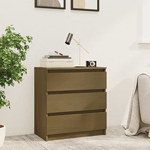 Nachttisch mit 3 Schublade, Beistelltisch, Beistellschränke, Lampentisch, Pflanzenständer, Nachtschrank, Schlafzimmer-Möbel, Nachtkonsole, Ablagetisch, Honigbraun 60x36x64 cm Massivholz Kiefer