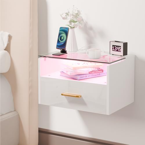 ChromaCasa Wand-Nachttisch mit Beleuchtung, 3-stufiger Nachttisch mit Einer Schublade, Ablagefläche aus gehärtetem Glas, 2 AC/2 USB-Anschlüsse, aus Holz mit Ladestation für Schlafzimmer (1, Weiß)