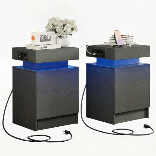 IRONCK Nachttisch 2er Set mit LED-Lichtern & 2 AC-Steckdose, Beistelltisch mit USB+Typ-C Anschlussen, Nachtschrank mit 2 Schubladen, Sofatisch für Schlafzimmer, Wohnzimmer, Grau