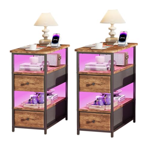 DIYHOM 2er Set Nachttisch mit 2 StoffSchubladen und LED-Beleuchtung, Nachtschrank Sofatisch mit Ladefunktion, Beistelltische für Wohnzimmer Schlafzimmer, Braun, 28 x 58 x 60.5 cm