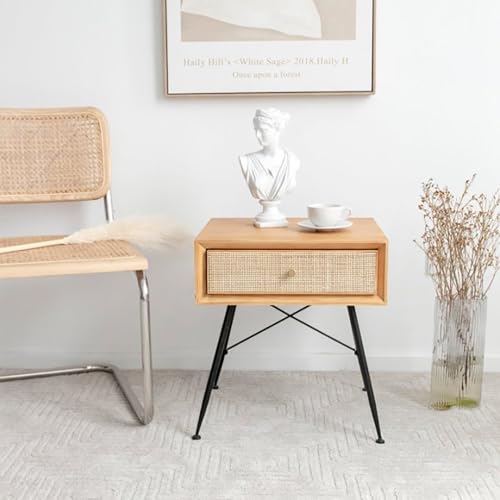 Cagnolier Nachttisch aus Holz, Kleiner, Schlichter Nachttisch,Schlafzimmer,R etro-Stil Nachttische mit Einer Schublade aus Rattan,Schwarze Metallbeine,geeignet für Schlafzimmer und Wohnzimmer