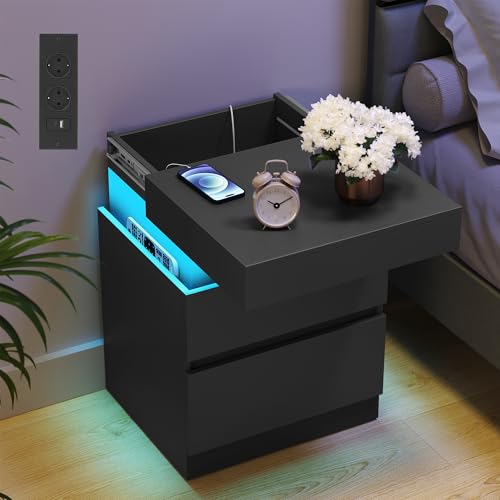 VASAGLE Kailyn Kollektion - Nachttisch, 2er Set, Beistelltisch mit Steckdosen, Schiebedeckel, 2 Schubladen, LED-Beleuchtung, Kleiner Tisch, modern, 35 x 40 x 55 cm, tintenschwarz LET840BC01