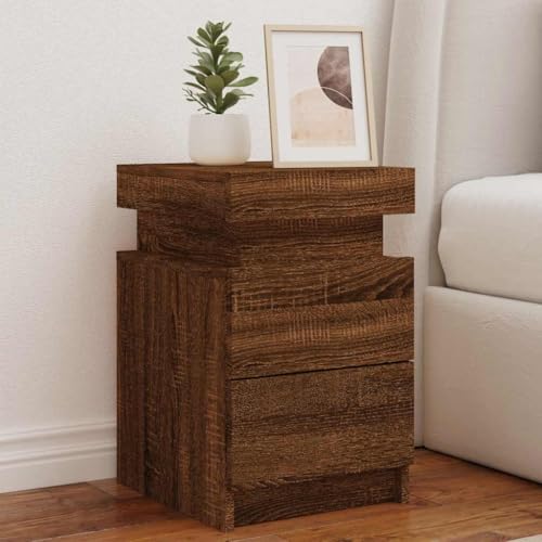 HaoChrymec Nachttisch mit LED-Leuchten, Braun Eiche-Optik, 2 STK., Stauraum, Kommode mit Schubladen, Beistelltisch für Schlafzimmer und Wohnzimmer, 35x39x55 cm