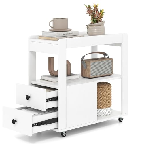 LIFEZEAL Mobiler Nachttisch, Beistelltisch mit 3 offenen Regalen, Nightstand mit 2 Schubladen & 4 Drehrollen, Schmaler Nachtschrank für Schlafzimmer, Wohnzimmer, Arbeitszimmer (Weiß)