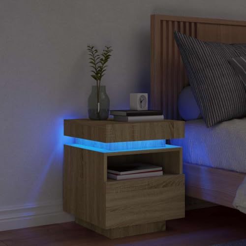 HaoChrymec Nachttisch mit LED-Leuchten Sonoma-Eiche, Holzwerkstoff, RGB-LED-Beleuchtung, Kommode mit Schubladen, Beistelltisch für Schlafzimmer, 40x39x48.5 cm