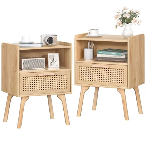 LELELINKY Nachttisch 2er Set Rattan Boho, Kleiner Beistelltisch Holz mit Schublade und Offenem Regal, Nachttische hat Tischbeine aus Massivholz für Wohnzimmer Sofatisch, Schlafzimmer Nachtkommode