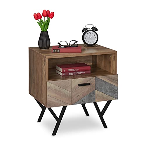 Relaxdays Nachttisch mit Schublade, Industrial Style, Wohn- & Schlafzimmer Beistelltisch, HxBxT: 53 x 50 x 42 cm, braun