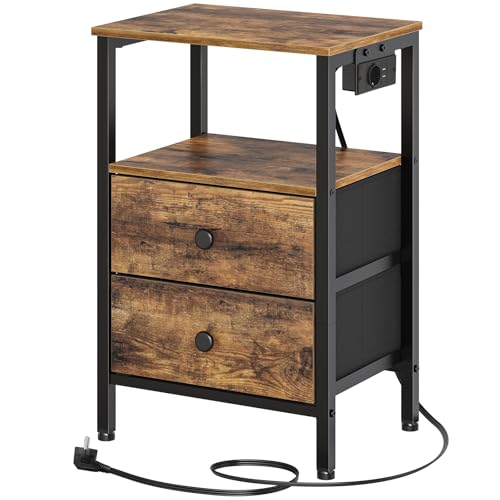 YATINEY Nachttisch mit Ladestation, Beistelltisch, Nachtschrank mit 2 Schubladen, Sofatisch mit USB-Anschlüssen und Regalen, für Wohnzimmer, Schlafzimmer, Vintagebraun und Schwarz XET02CBR