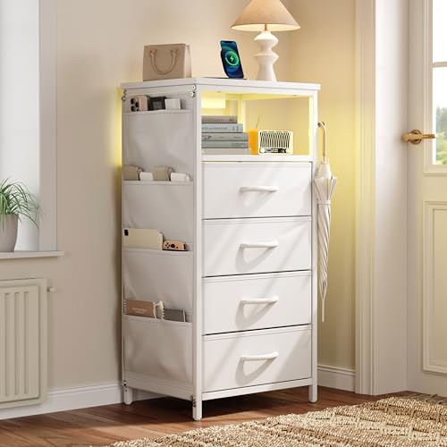 Xnferty Nachttisch mit 4 Schubladen und offenem Regal, Beistelltisch mit Ladestation und LED-Beleuchtung, Nachttisch mit Seitentaschen und Haken (Weiß, 80 x 40 x 30 cm)