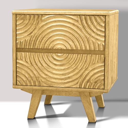 Akazie Harmony Massivholz Nachttisch mit 2 Schubladen - Mid Century Moderner Nachttisch mit geschnitzter Front, Vintage Eichen-Finish, Beistelltisch für Schlafzimmer oder Wohnzimmer, einfache Montage