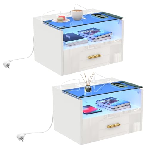CHOWGOLI Nachttisch Hängend 2er Set, Nachtschrank Wandmontage mit Steckdose und Ladefunktion, mit LED-Streifen, Nachttisch Schwebend mit 1 Schubladen und 1 Offenem Fach, 42x30x24.5 cm, Weiß