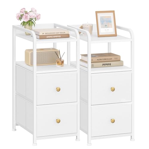 Hzuaneri Nachttisch 2er Set, Schmal Beistelltisch mit 2 Schubladen, Schmaler Nachttische mit offenes Fach, Platzsparend, Nachtschrank für Schlafzimmer, Wohnzimmer, 35 x 27 x 60 cm, Weiß NS02213W