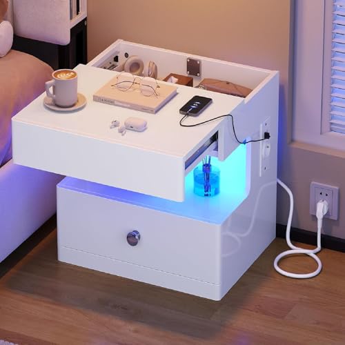 AOGLLATI Nachttisch mit Steckdose Nachtschrank mit LED-Beleuchtung Nachtkommode mit 2 Schubladen und Verstecktem Schiebeschrank,Beistellti sch für Schlafzimmer Wohnzimmer (1, Weiß, 45x35x44.5cm)