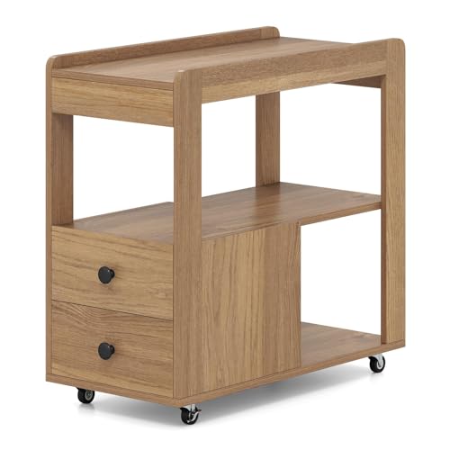 Schlanker Nachttisch aus Holz, 3-stöckig, rollbarer Nachttisch mit 2 Schubladen und Aufbewahrungsregalen, kompakter Beistellschrank für Schlafzimmer, Wohnzimmer & Büro (natürliches Finish)