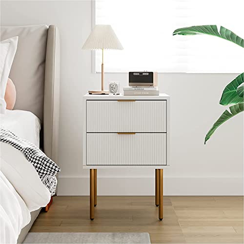 HEYZOEY Nachttisch, Nachtschrank mit 2 Schubladen, Modern Nachtkästchen, Boho Nachtkommode für Schlafzimmer, Wohnzimmer, Weiß und Gold