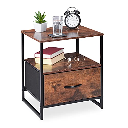 Relaxdays Nachttisch Industrial, 2 Ablagen, Beistelltisch mit Schublade, Metall & MDF, HBT: 50x45x40cm, schwarz/braun