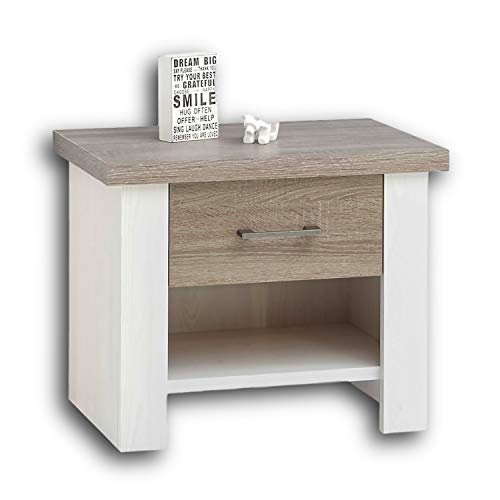 LUCA Eleganter Nachttisch im Landhausstil - Stilvoller Nachtschrank mit Schubladen in Pinie Weiß / Trüffel für Ihr Bett - 60 x 49 x 42 cm (B/H/T)