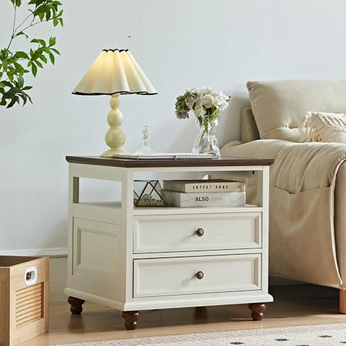 LELELINKY weißer Nachttisch im Landhausstil, 61 cm breiter Beistelltisch mit 2 Schubladen, Kommode für Schlafzimmer, Wohnzimmer, Arbeitszimmer und Büros.
