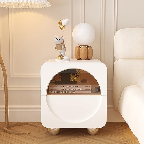 Moderner süßer Nachttisch mit Schubladen aus gehärtetem Glas, stilvoller Nachttisch und Akzent-Beistelltisch, Edelstahlbeine, perfekt für Schlafzimmer/Wohnzimmer (Farbe: Weiß, Größe: 50 x 40 x 48 cm)