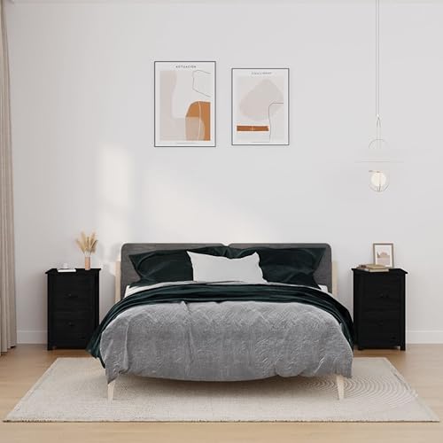 OHOOWOO Nachttische 2 STK. Schwarz 40x35x61,5 cm Massivholz Kiefer,Rustikaler Nachtschrank aus massivem Kiefernholz viel Stauraum im Schlafzimmer, Nachttische