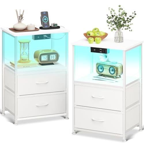 Coleshome Nachttisch 2er Set, mit 2 USB und 1 Steckdosen und LED-Leuchtbänder, Nachttische mit 2 Stoffschubladen und 1 Speicherplatz, Geeignet für Kleine Schlafzimmer, 40 * 30 * 60cm, Packung mit 2