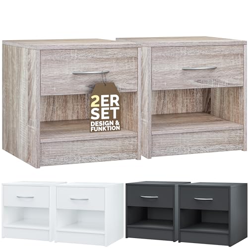 Casaria® Nachttisch 2er Set Eiche mit Schublade 41x39x28 cm Holz Ablage Modern Schlafzimmer Bett Nachtschrank Nachtkästchen Beistelltisch Nachtkommode
